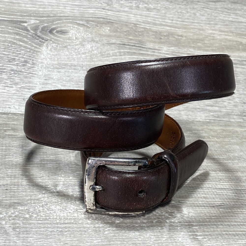 Brooks Brothers‎ 346 Belt Mens Brown Genuine Leather Silver Buckle Classic Brass